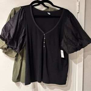 Old Navy | ribbed puff sleeve henley | black XXL | NWT